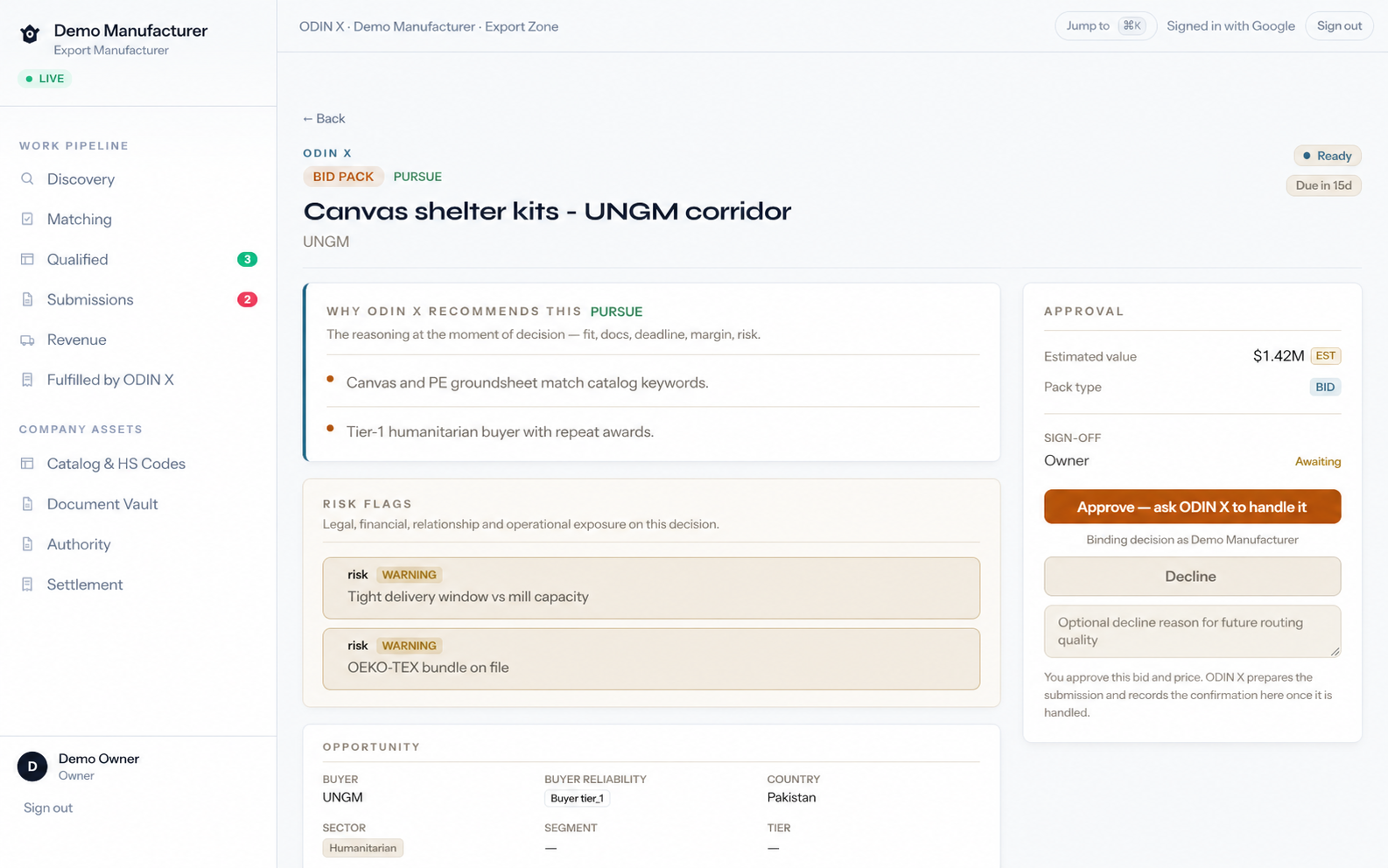ODIN X authority record showing a controlled manufacturer decision
